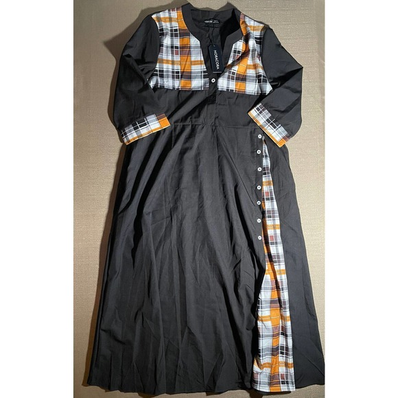 NEW Nora Cora Women’s Large L Maxi Dress Black Yellow White Plaid Trim Buttons - Picture 1 of 5
